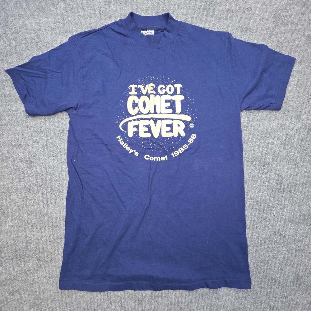 Vintage Halleys Comet Shirt Mens Medium Blue Graphic Spellout Hanes Beefy T USA